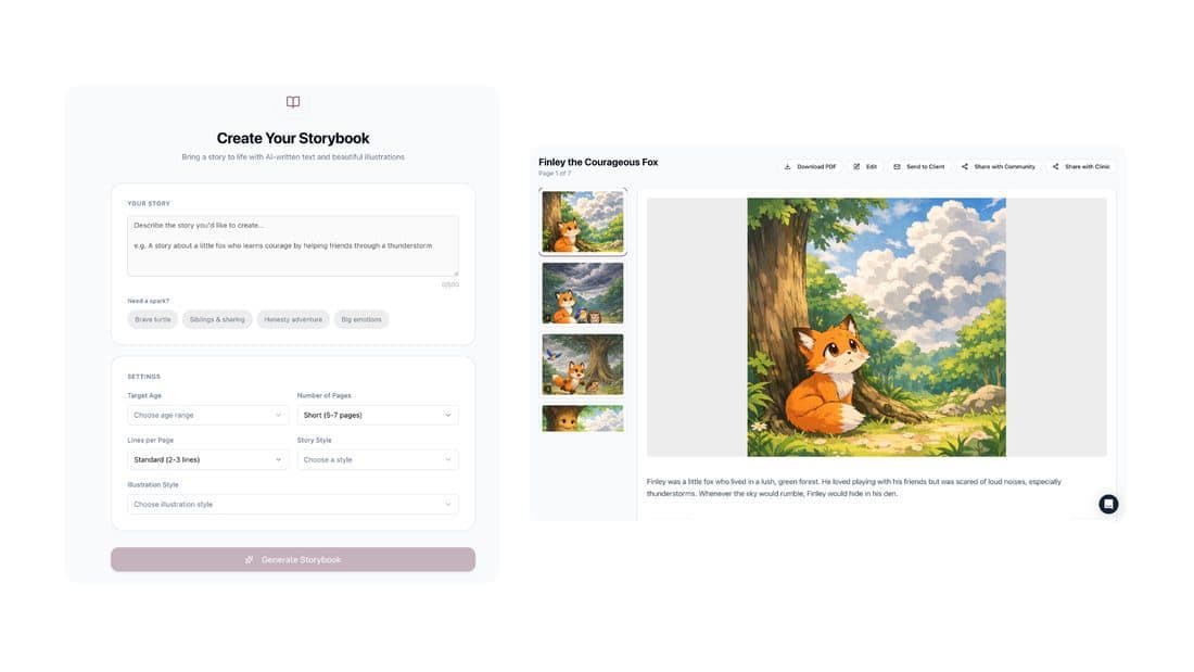 PlaySpace Studio’s Storybook builder: a story form beside a finished illustrated storybook page